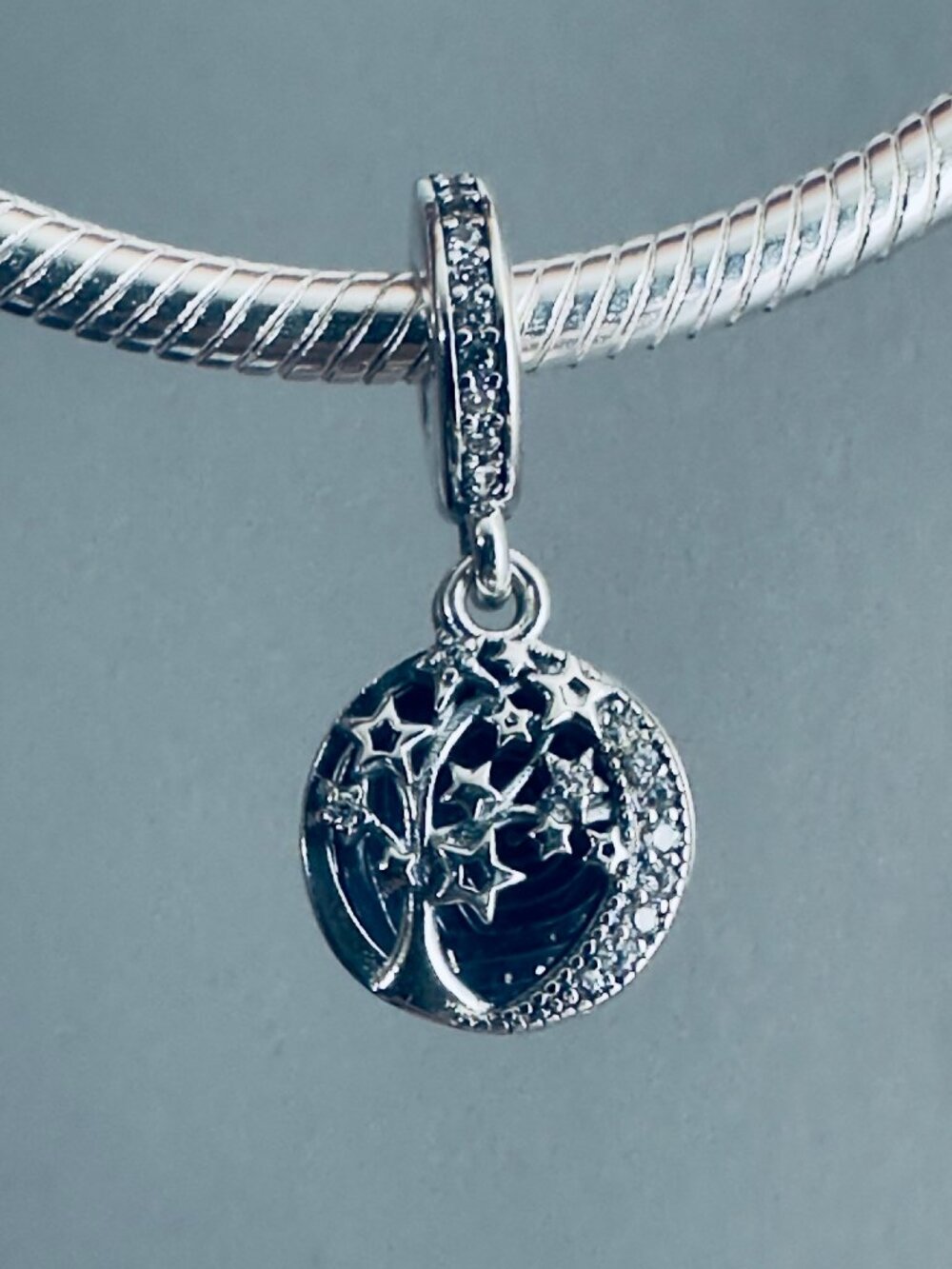 Pandora Family Tree & Galaxy Moon Stars Shimming Midnight Royal Blue Clear CZ